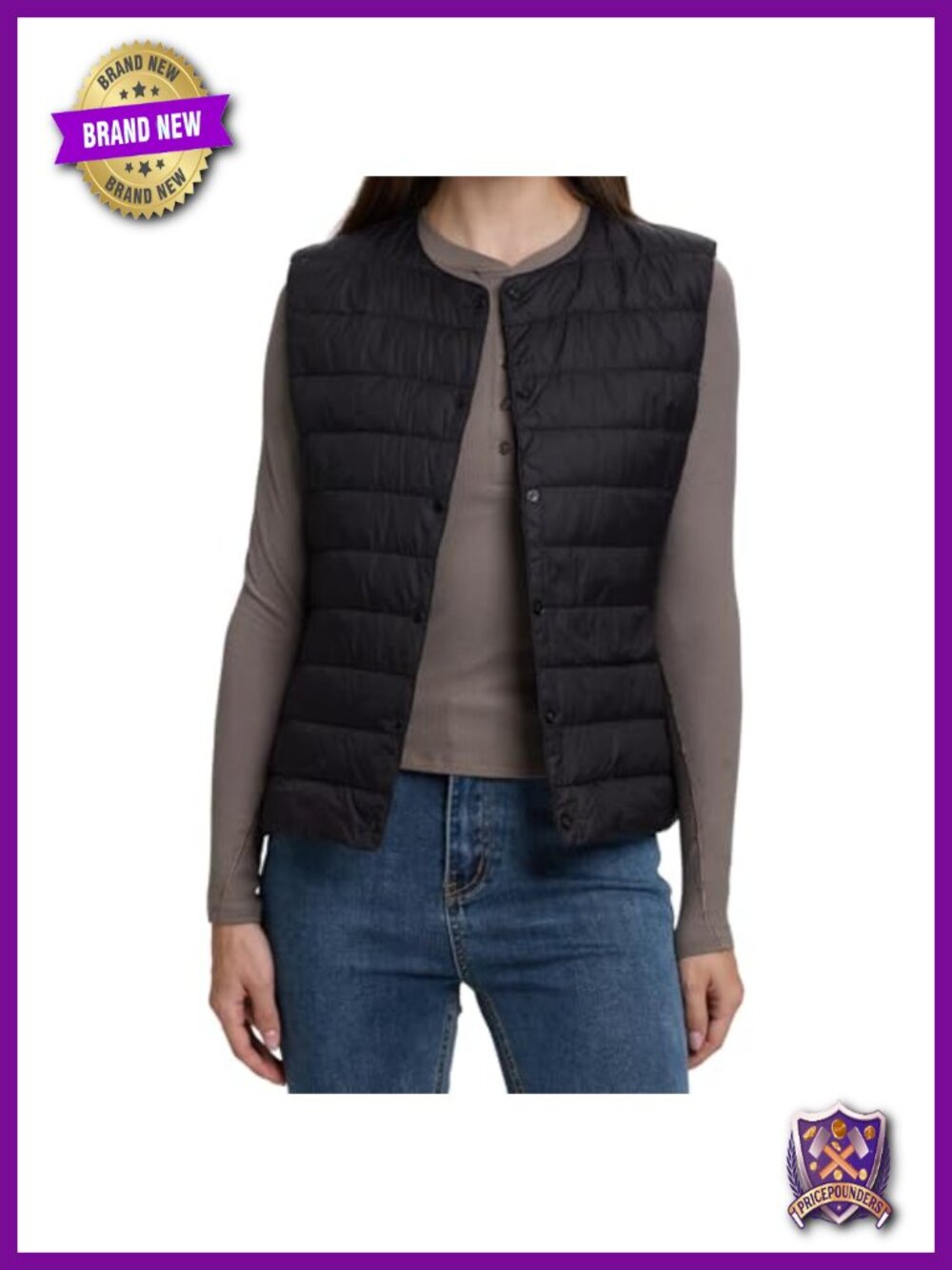 Quilted Lightweight Puffer Vest Collarless Button Front Down Insulated Layer